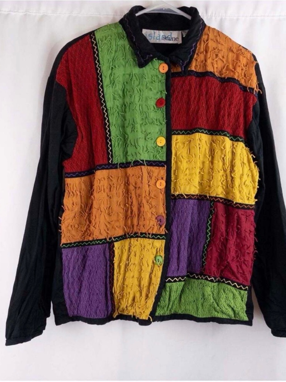 Island Scene Vintage Rainbow Patchwork Jacket Womens Large